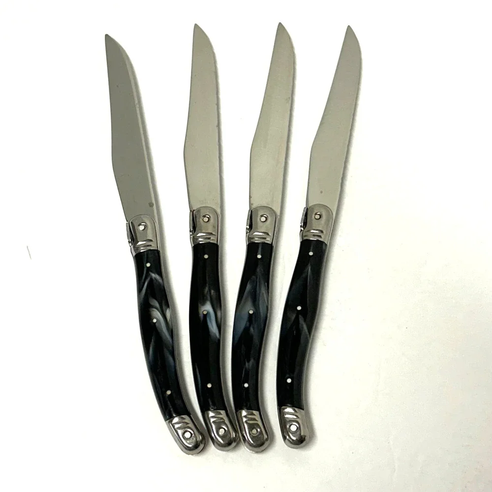 Vintage Crofton Black Marbled Bumble Bee Serrated Steel Steak Knives 9